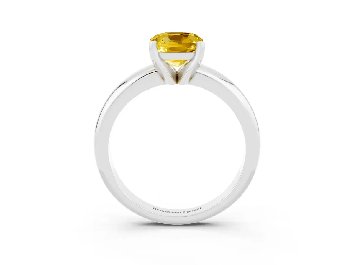 Cushion Cut Yellow Sapphire Solitaire Engagement Ring with Round Band and Four-Prong Setting White gold