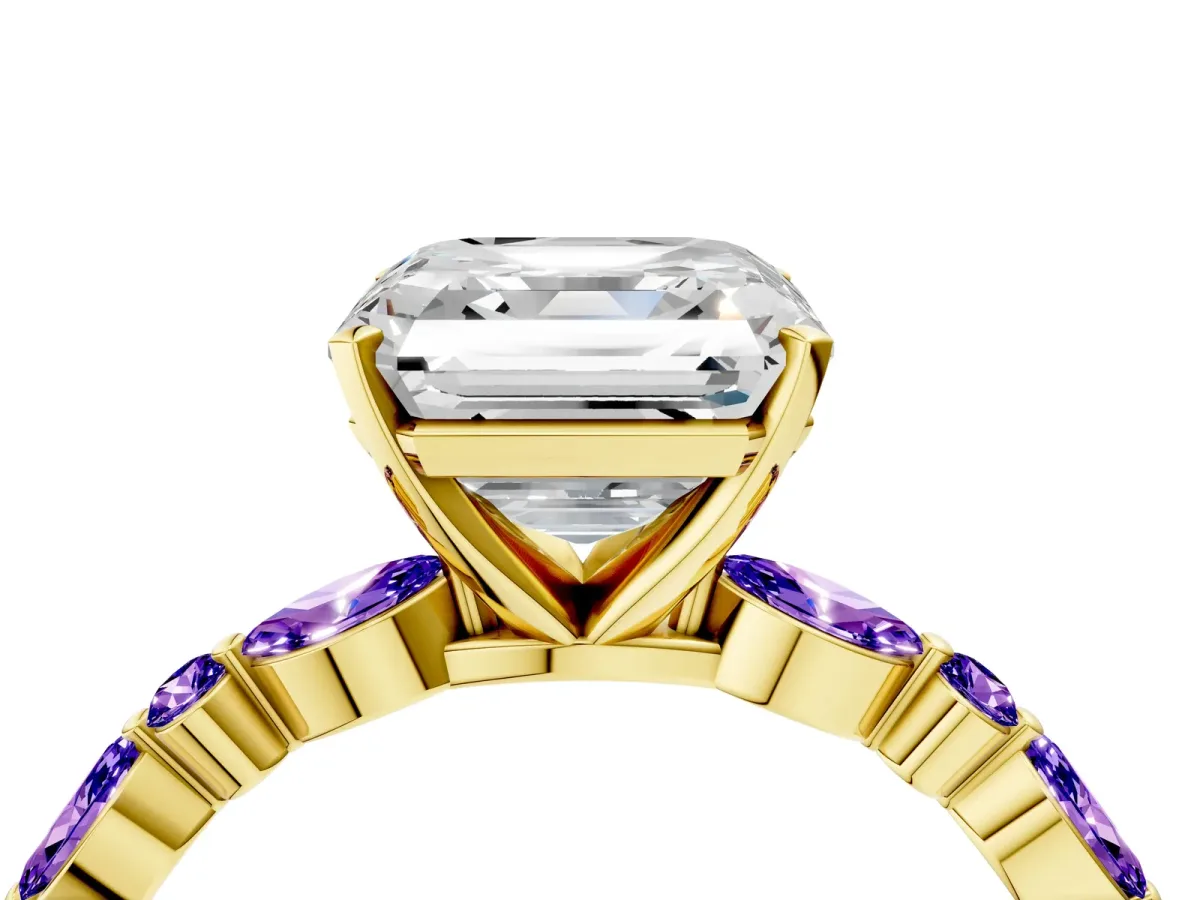 Asscher Cut Diamond Ring with Marquise and Round Tanzanite Side Stones and Four-Prong Setting Yellow gold