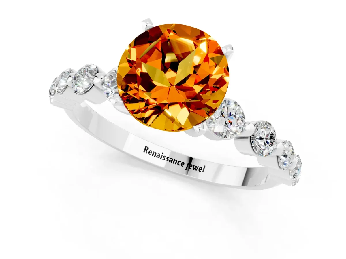 Round Cut Solitaire Citrine Ring with Pave Band and Four-Prong Setting Silver