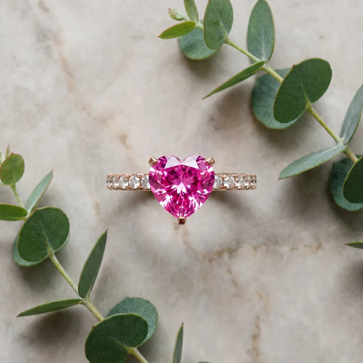 Heart Cut Pink Sapphire Solitaire Ring with Round Pavé Band and Four-Prong Setting Rose gold