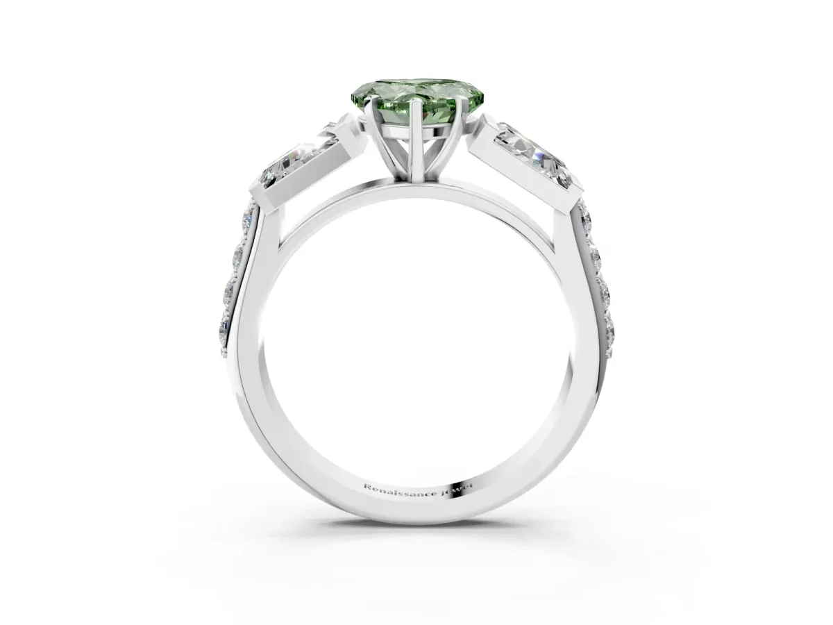 Fancy Green Heart Cut Diamond Engagement Ring with Baguette Side Stones and Channel Set Band Platinum