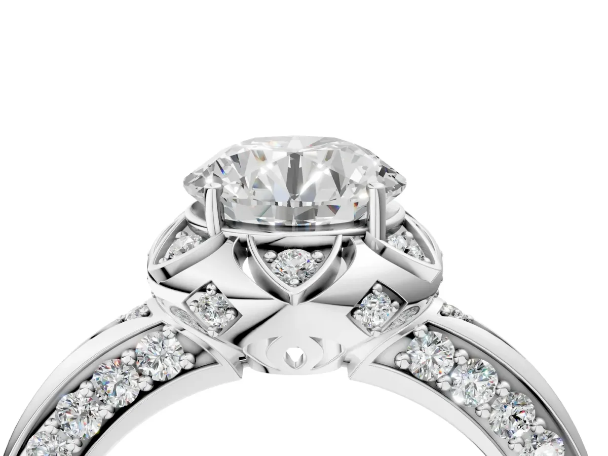 Round Cut Halo Split Shank Pave Diamond Ring with Petal Prong Setting Platinum