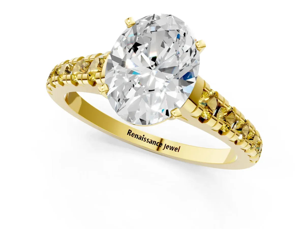 Oval Cut Diamond Cathedral Solitaire Ring with Round Yellow Sapphire Pavé Band Yellow gold