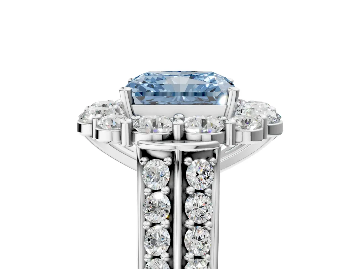 Fancy Blue Radiant Cut Halo Diamond Engagement Ring with Split Shank and Prong Setting Platinum