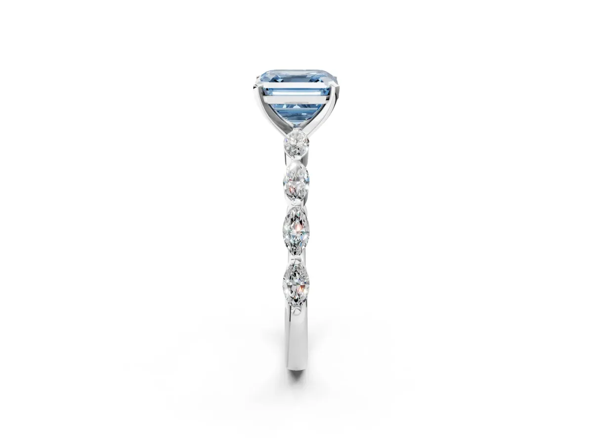 Fancy Blue Asscher Cut Diamond Ring with Marquise Side Stones and Prong Setting Platinum