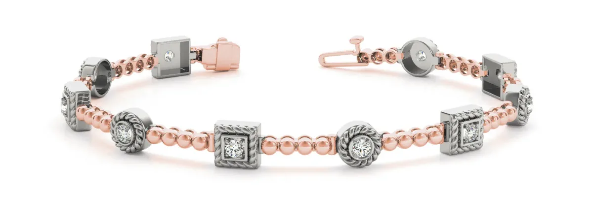 Round and Square Bezel Set Diamond Tennis Bracelet with Beaded Band Rose gold