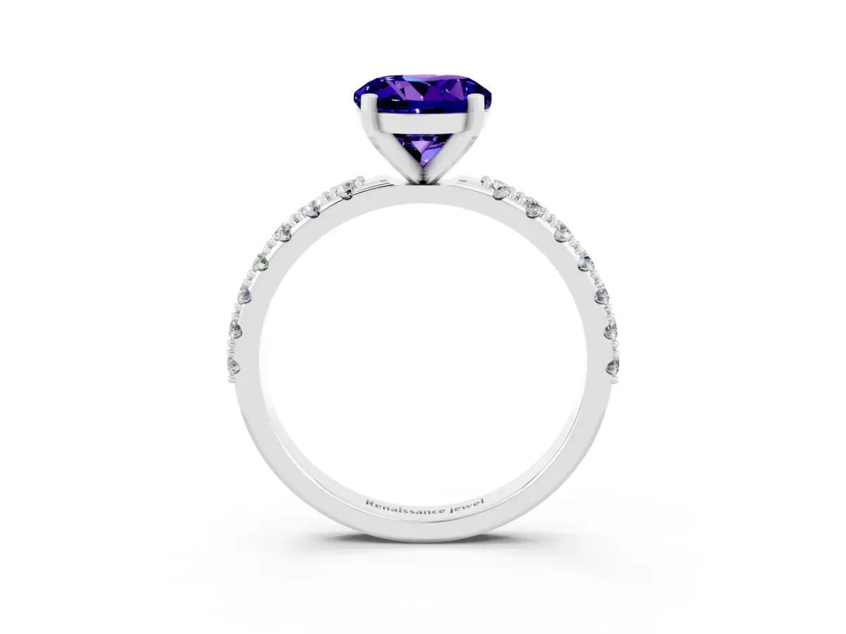 Round Cut Tanzanite Solitaire Pavé Band with Four-Prong Setting Platinum