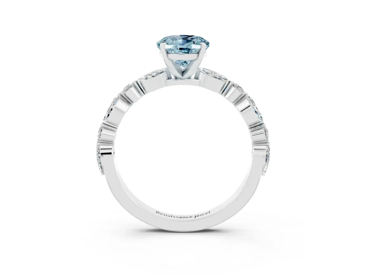 Oval Cut Aquamarine Ring with Marquise and Round Side Stones and Four-Prong Setting White gold