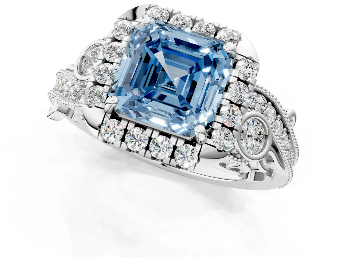 Fancy Blue Asscher Cut Diamond Halo Ring with Milgrain Pavé Band and Four-Prong Setting White gold