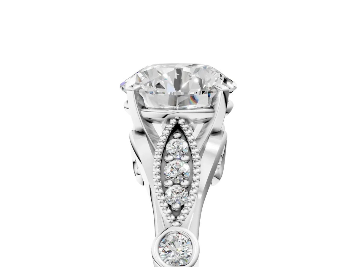 Round Cut Cut Diamond with Milgrain Marquise and Bezel Accents on a Solitaire Band with Prong Setting Silver