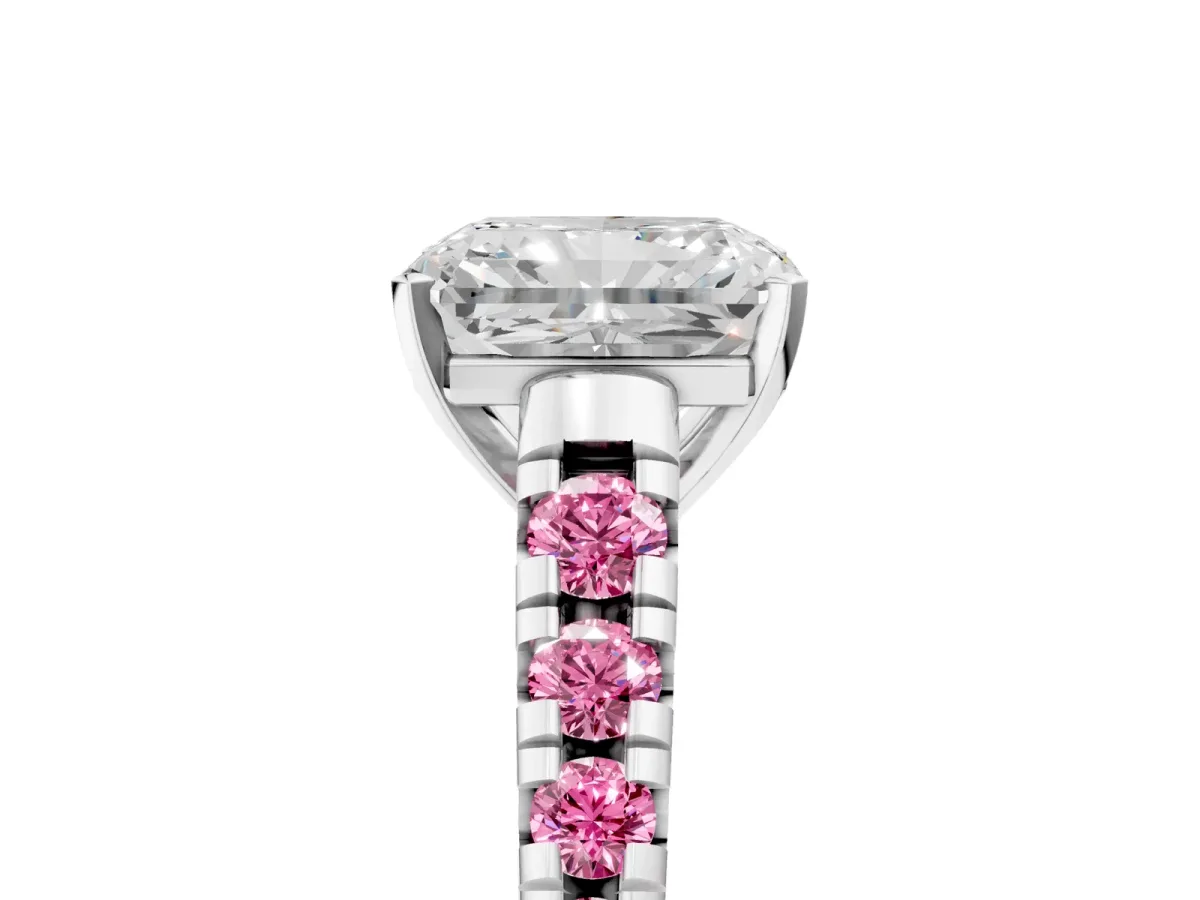 Radiant Cut Diamond Cathedral Solitaire Ring with Round Pink Sapphire Pavé Band White gold