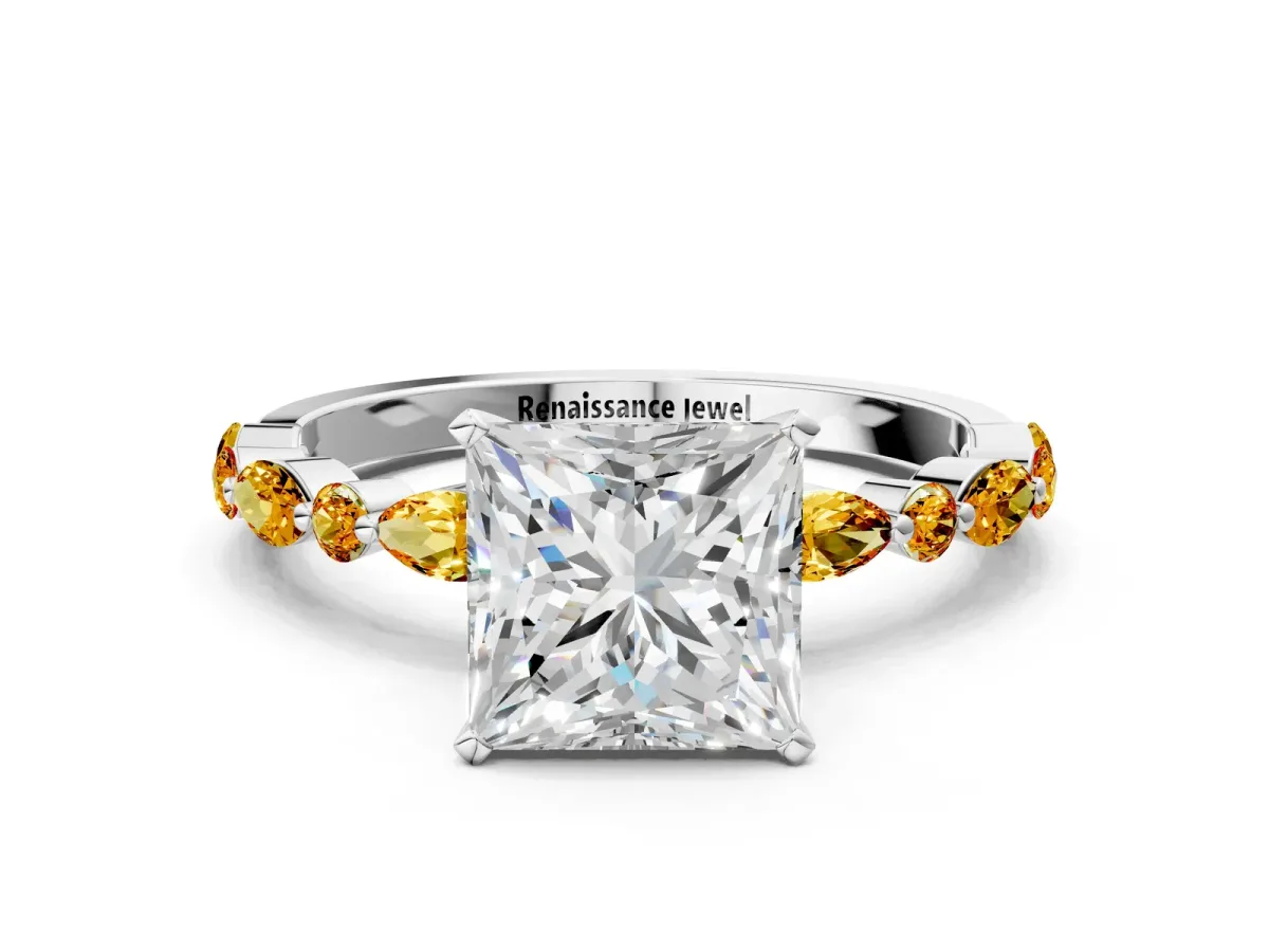 Princess Cut Diamond Ring with Marquise and Round Citrine Side Stones and Four-Prong Setting White gold