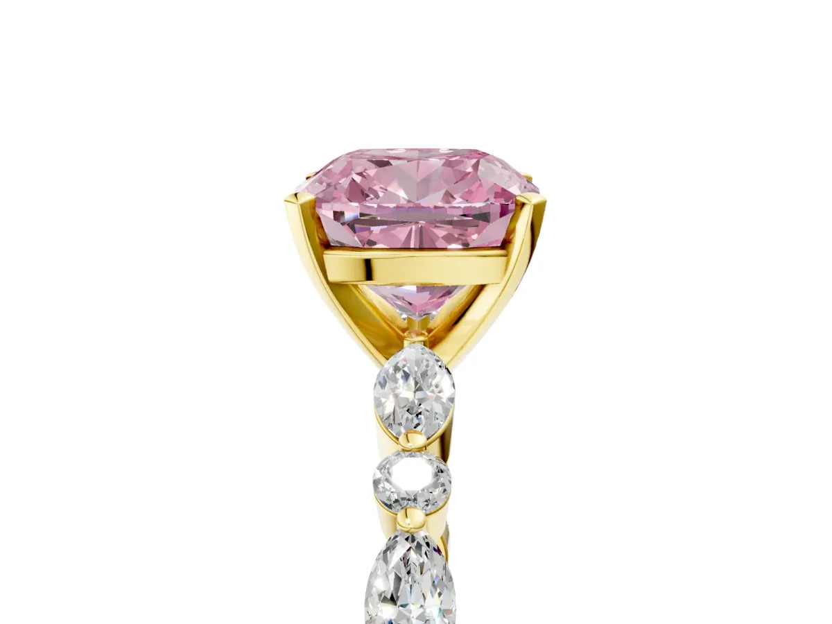 Fancy Pink Cushion Cut Diamond Ring with Marquise and Round Side Stones and Four-Prong Setting Yellow gold