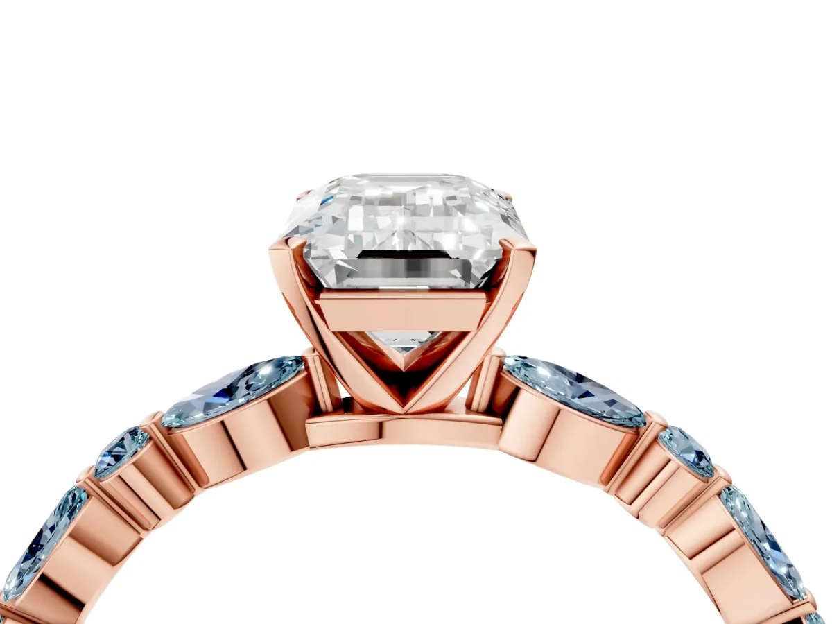 Emerald Cut Diamond Ring with Marquise and Round Aquamarine Side Stones and Four-Prong Setting Rose gold