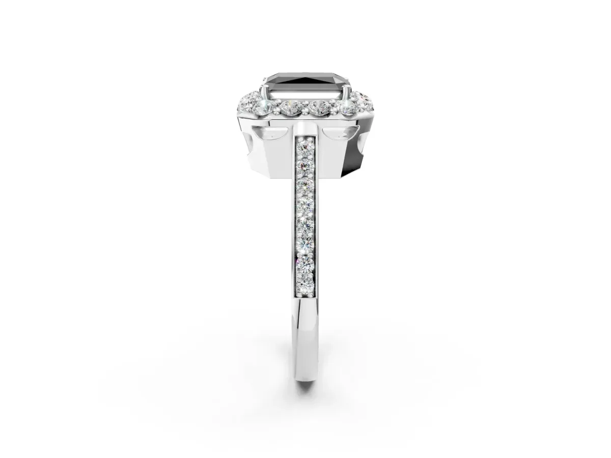 Fancy Black Radiant Cut Diamond Floral Halo Ring with Pavé Band and Prong Setting Platinum