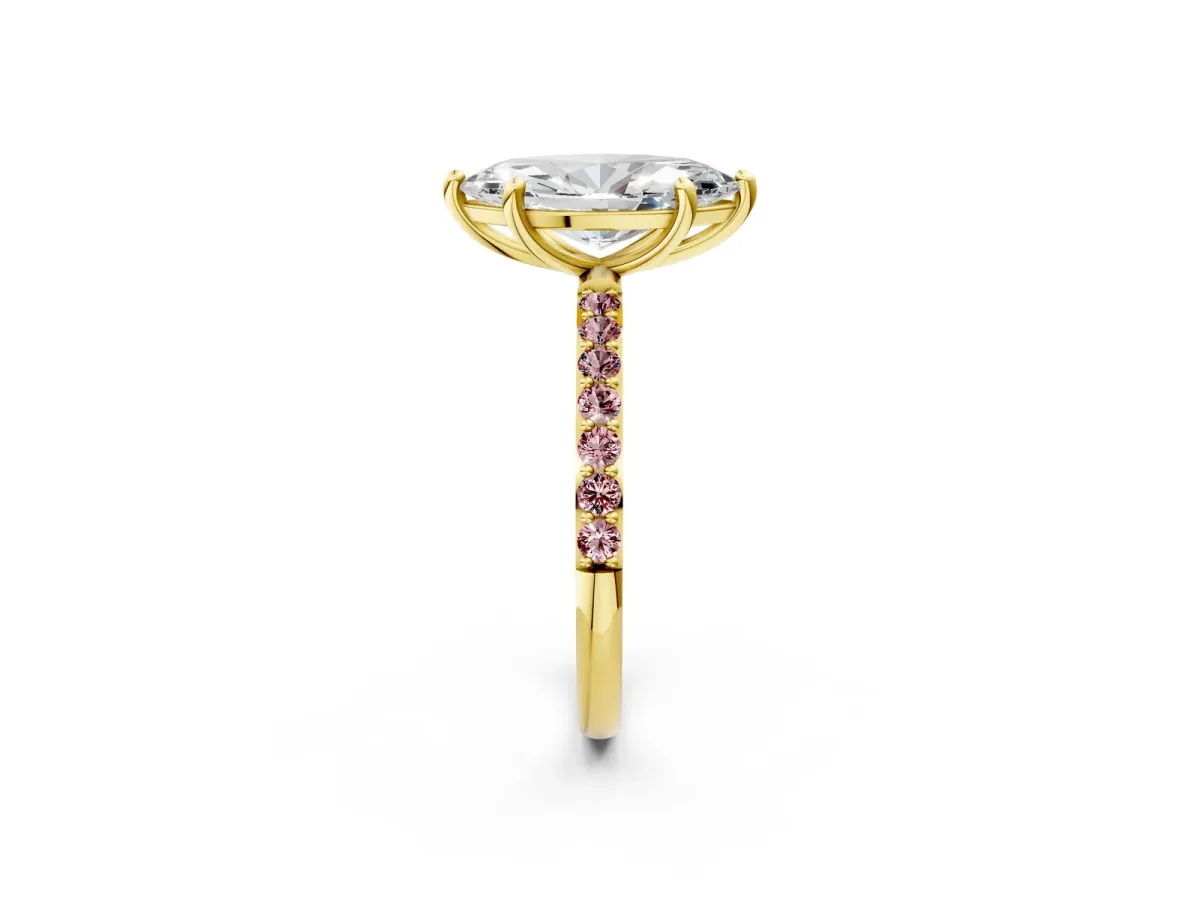 Marquise Cut Diamond Solitaire Ring with Round Morganite Pavé Band and Prong Setting Yellow gold