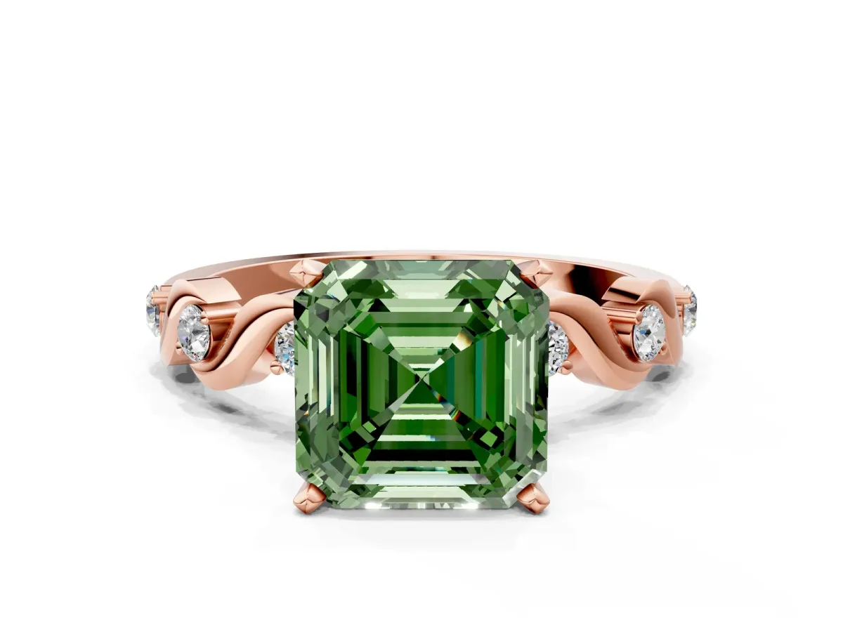 Fancy Green Asscher Cut Diamond Solitaire Twisted Band with Round Accents and Prong Setting Rose gold