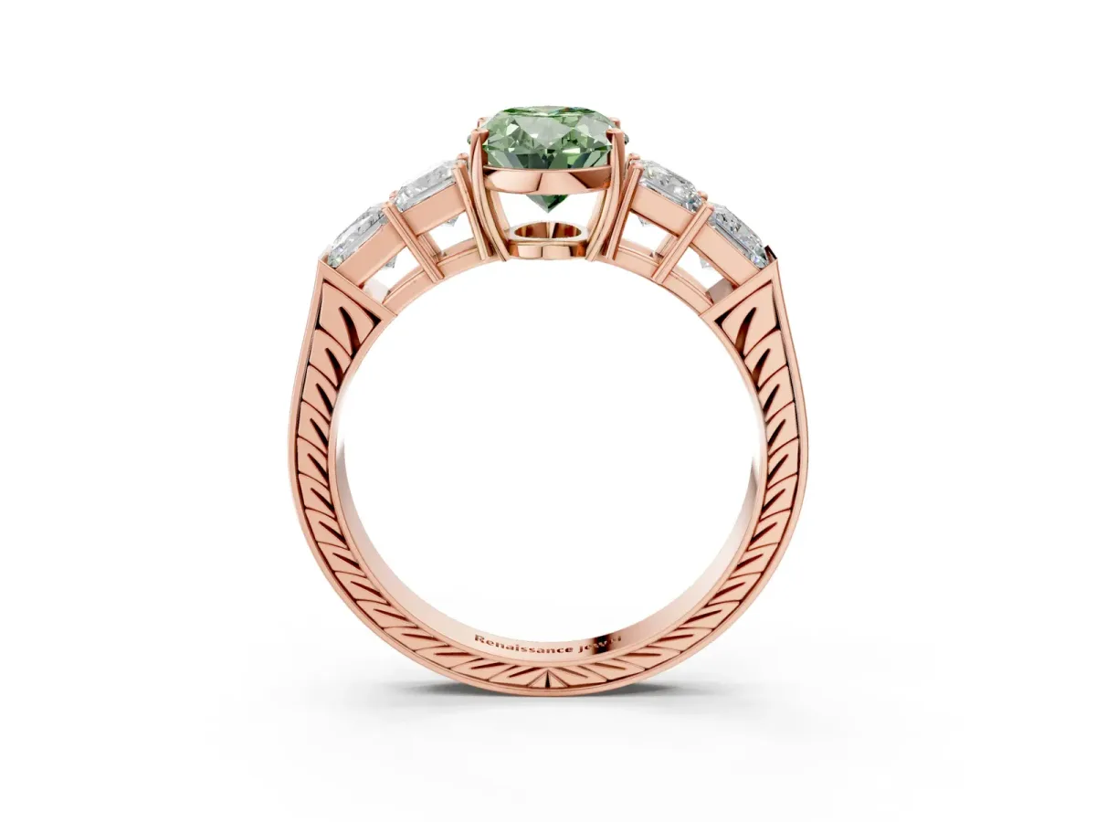 Fancy Green Oval Cut Solitaire Princess Side Stone Engraved Band Prong Setting Ring Rose gold