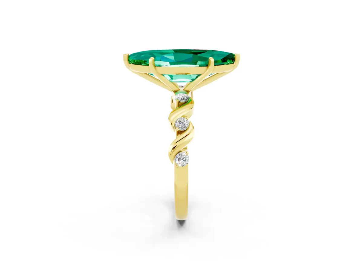 Marquise Cut Emerald Solitaire Twisted Band with Round Accents and Prong Setting Yellow gold