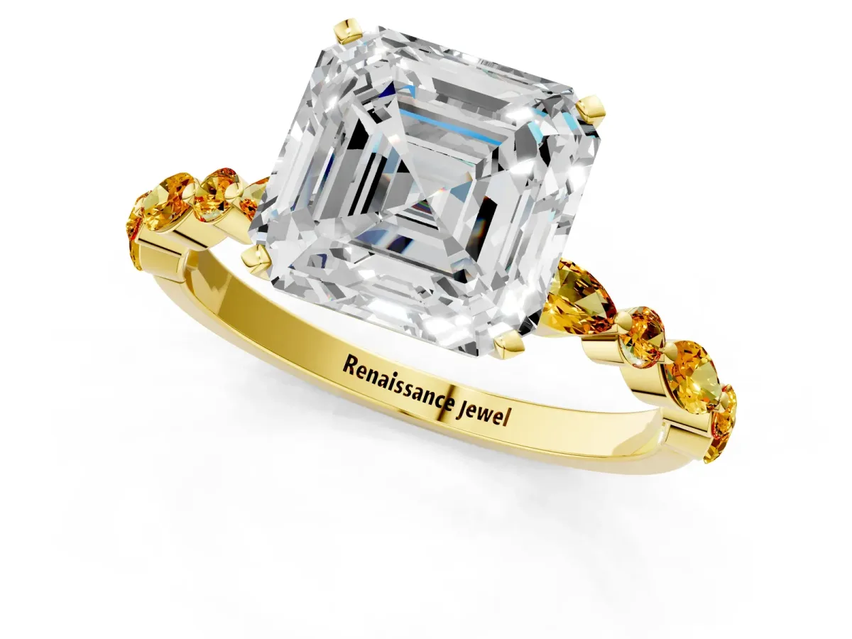 Asscher Cut Diamond Ring with Marquise and Round Citrine Side Stones and Four-Prong Setting Yellow gold