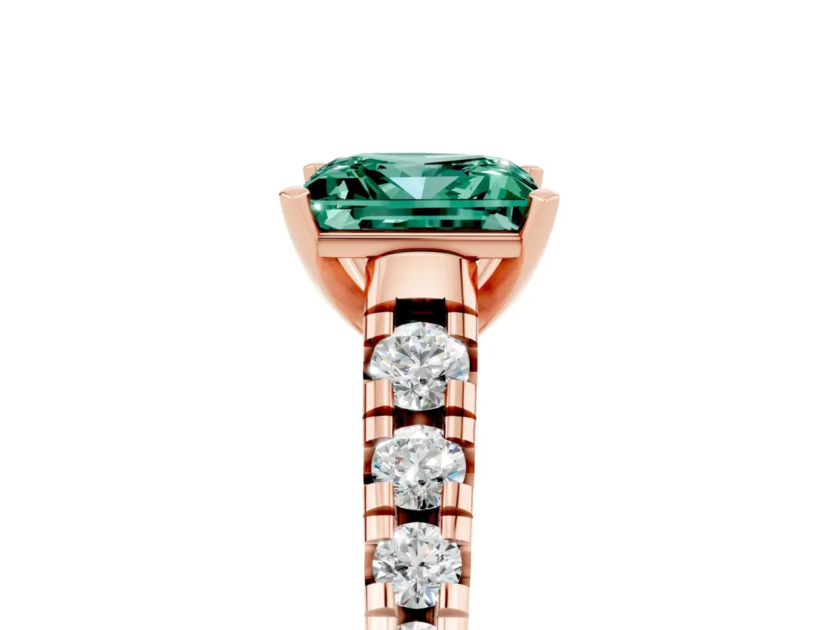 Princess Cut Green Sapphire Cathedral Solitaire Ring with Round Pavé Band Rose gold
