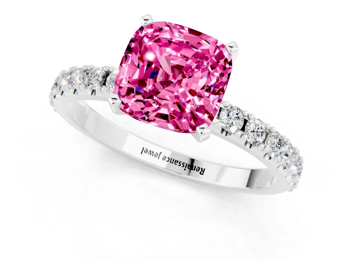 Cushion Cut Pink Sapphire Solitaire Pavé Band with Four-Prong Setting Silver
