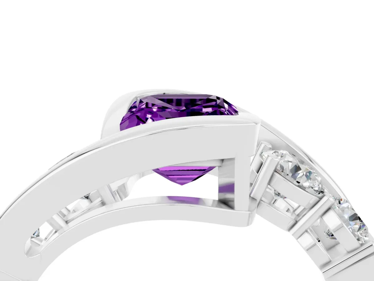 Bezel Set Emerald Cut Amethyst Bypass Ring with Round Accents Platinum