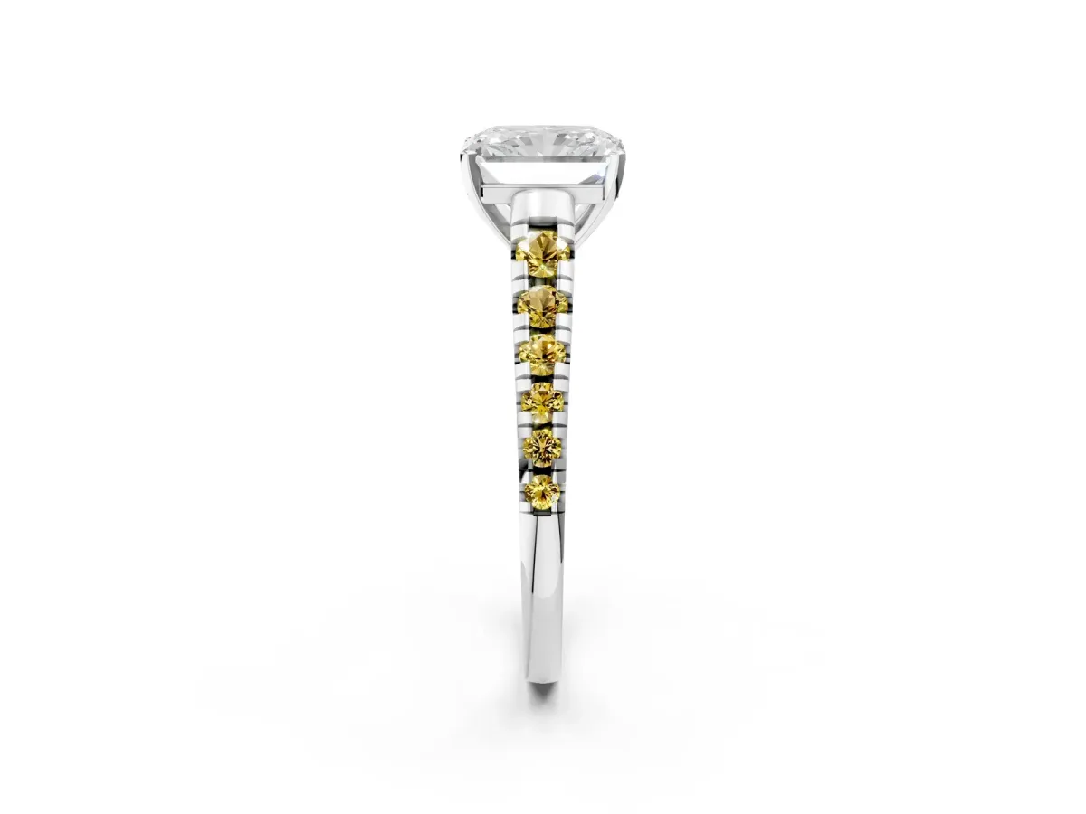 Radiant Cut Diamond Cathedral Solitaire Ring with Round Yellow Sapphire Pavé Band White gold