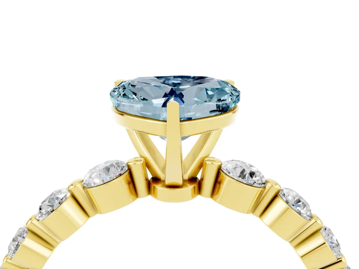 Heart Cut Solitaire Aquamarine Ring with Pave Band and Four-Prong Setting Yellow gold