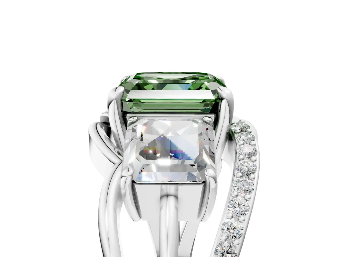 Fancy Green Three-Stone Asscher Cut Cut Diamond Split Shank Prong Set Ring Platinum