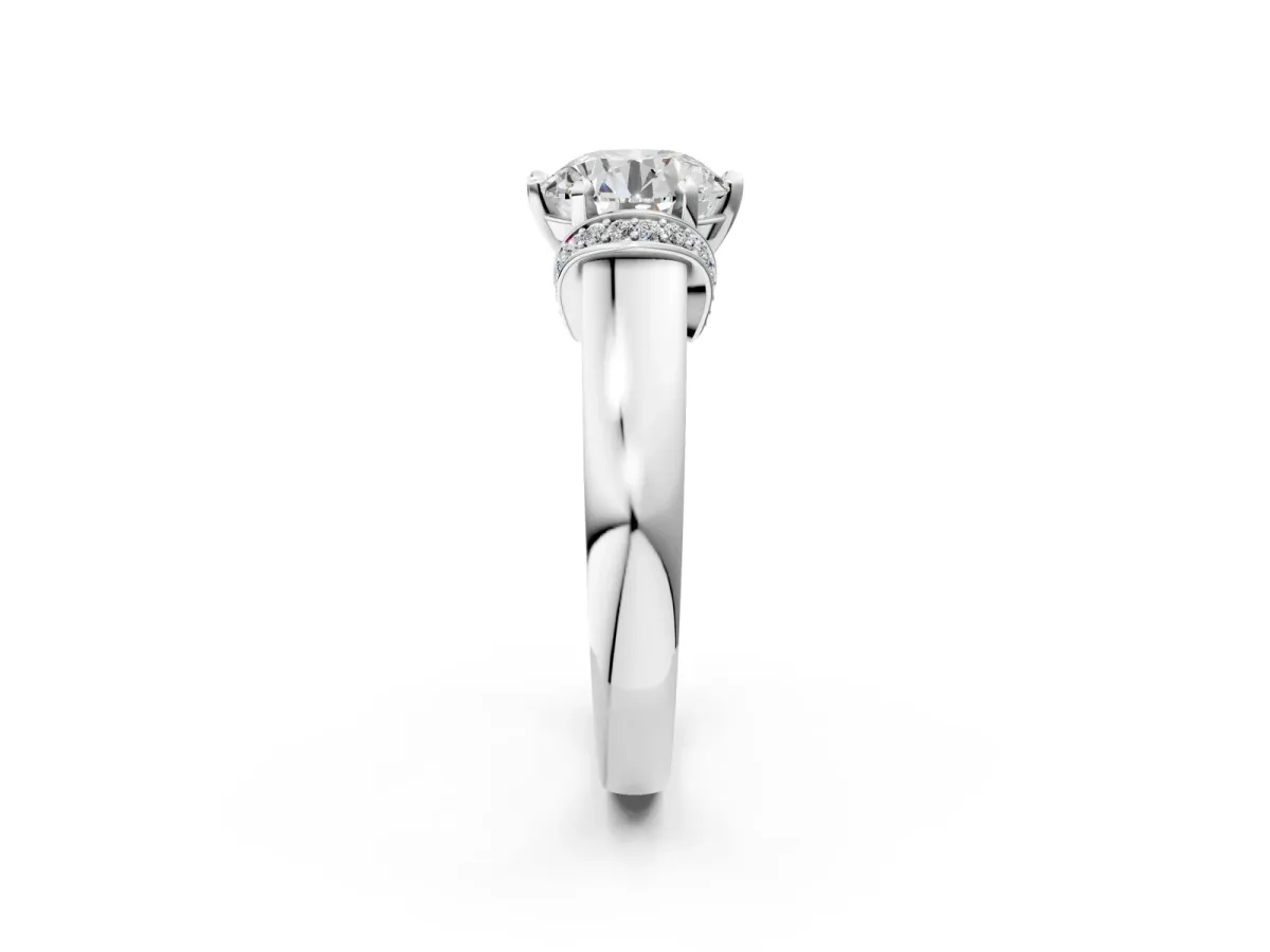 Round Cut Solitaire Diamond Ring with Pave Band and Six-Prong Setting Silver