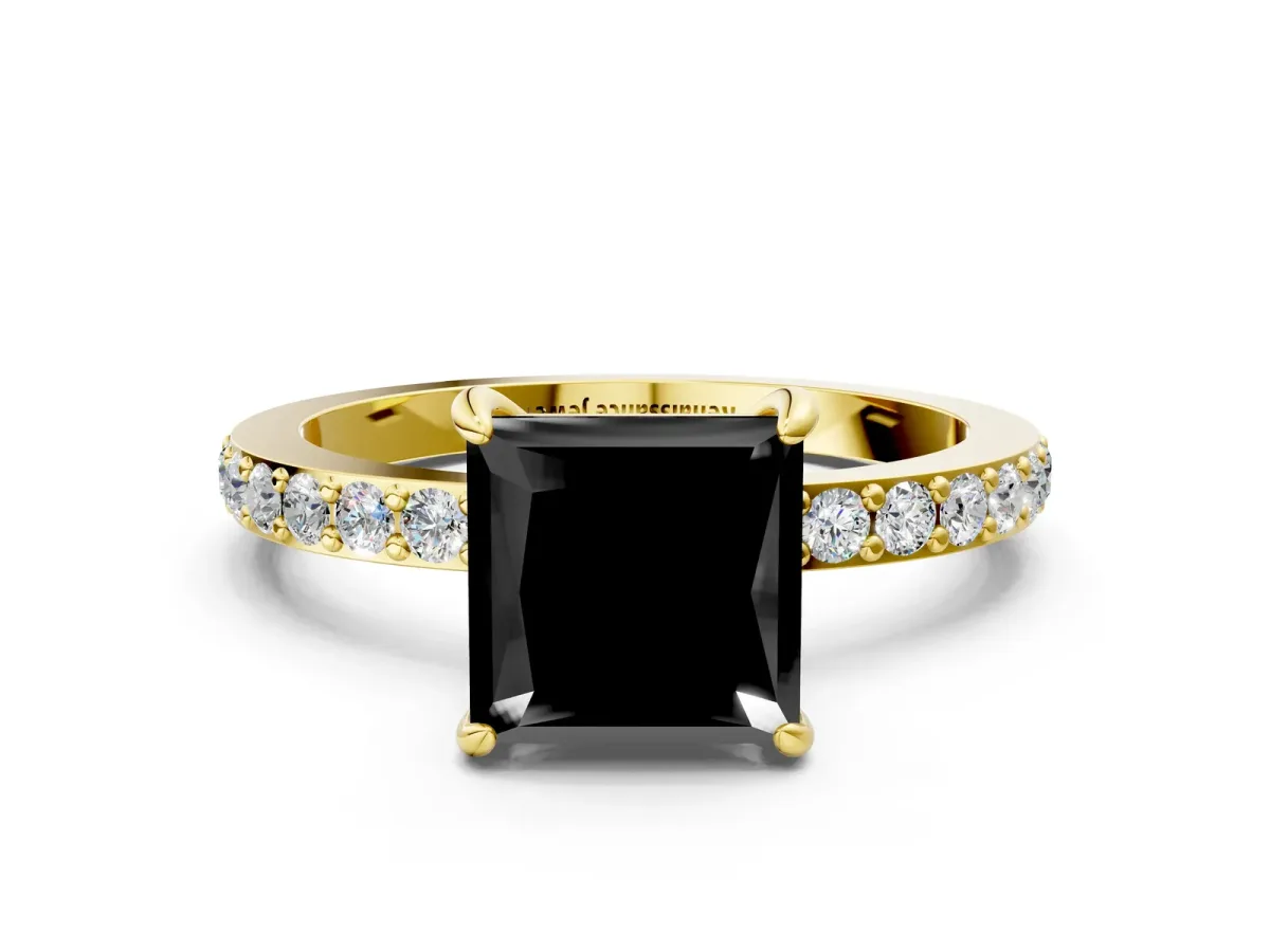 Fancy Black Princess Cut Diamond Solitaire Engagement Ring with Pavé Band and Four-Prong Setting Yellow gold