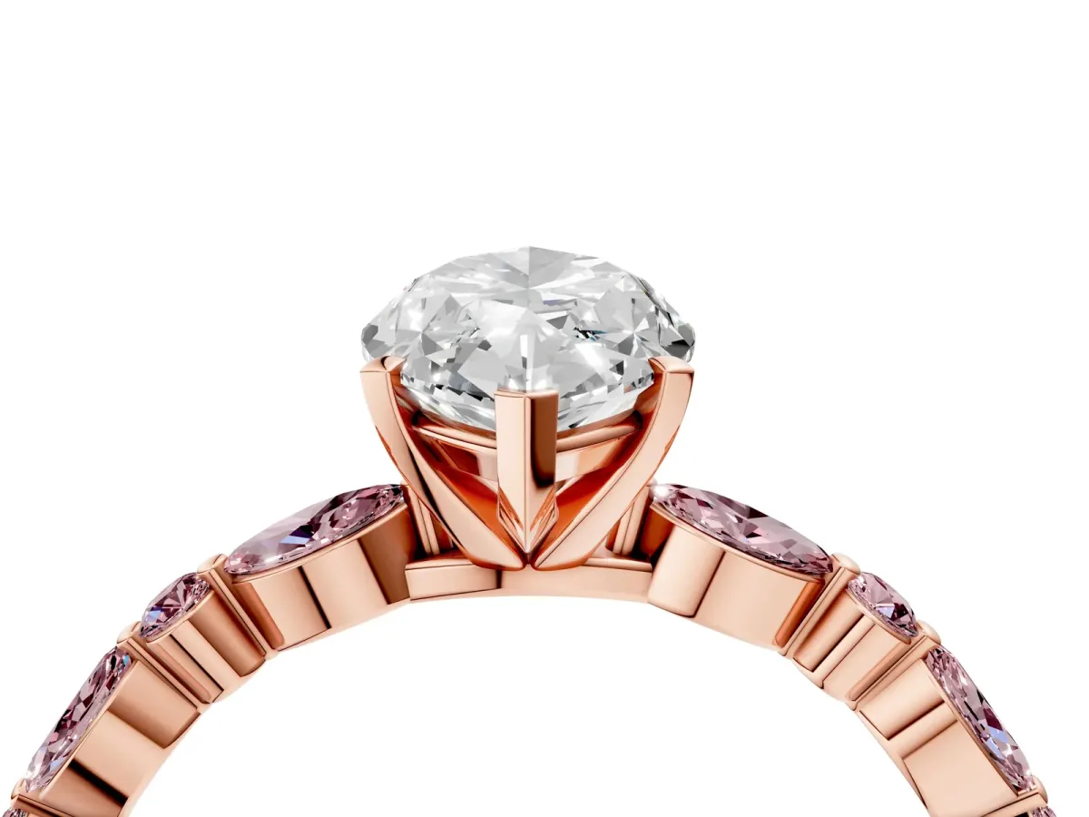 Marquise Cut Diamond Ring with Marquise and Round Morganite Side Stones and Four-Prong Setting Rose gold