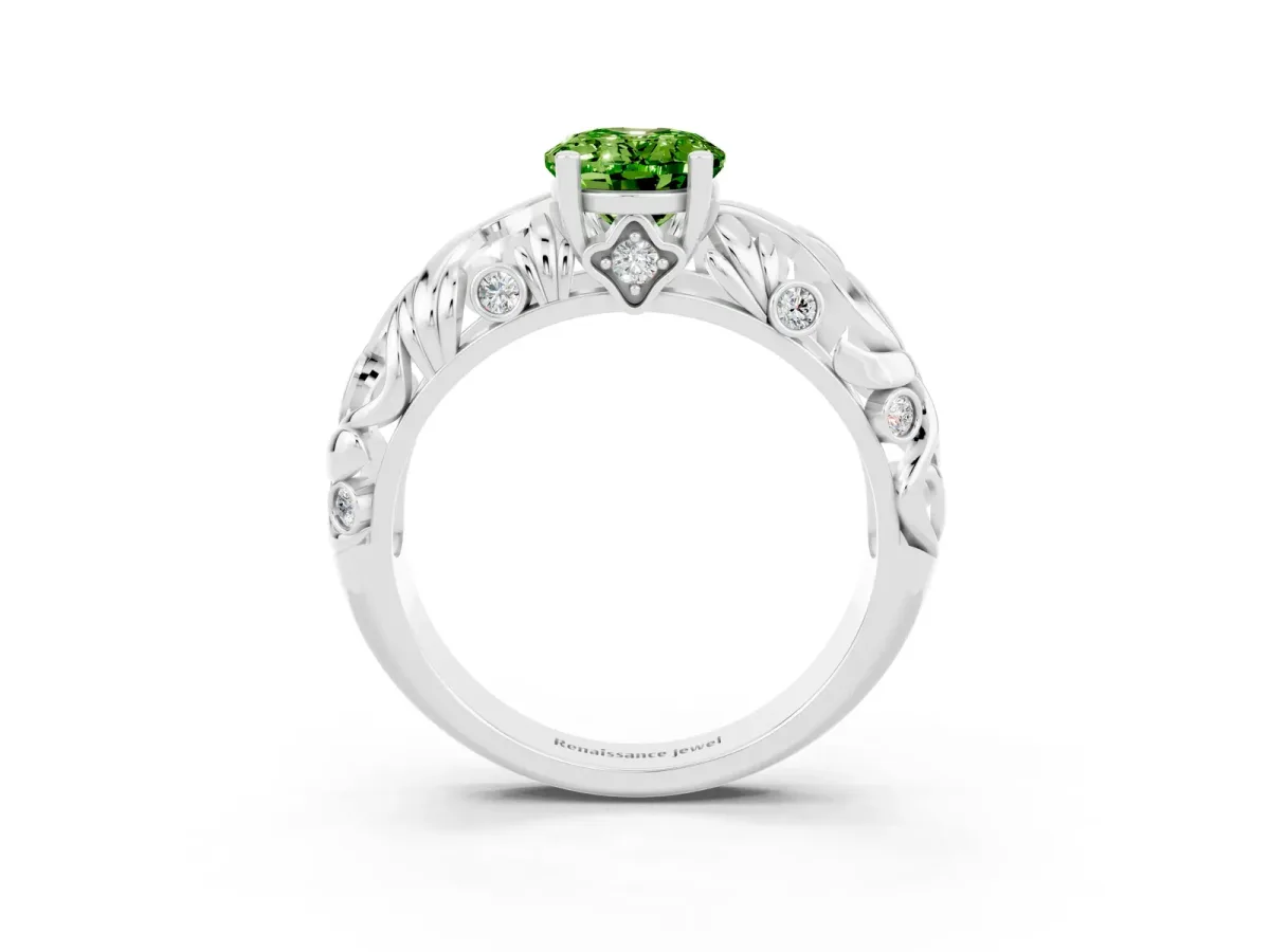 Oval Cut Solitaire Peridot Leaf-Inspired Vine Band Ring with Prong Setting White gold
