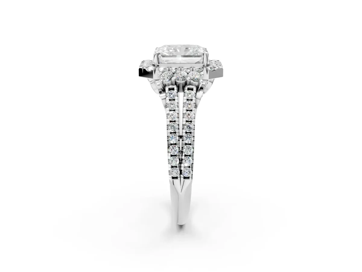 Radiant Cut Cut Double Halo Diamond Engagement Ring with Pave Band and Four-Prong Setting Platinum
