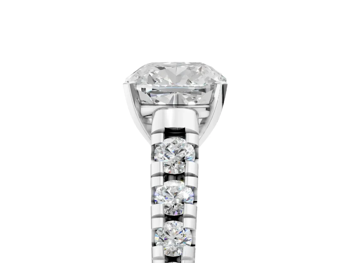 Cushion Cut Diamond Cathedral Solitaire Ring with Round Pavé Band White gold