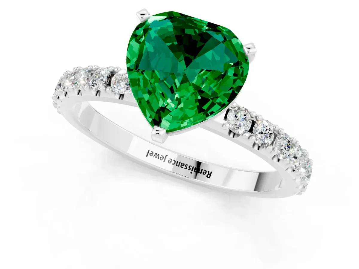 Heart Cut Emerald Solitaire Pavé Band with Four-Prong Setting Platinum