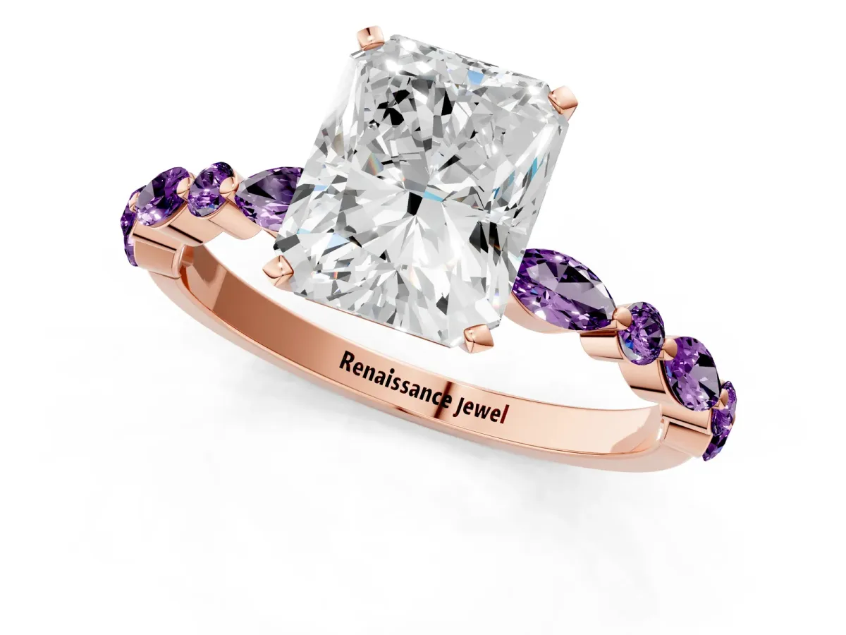Radiant Cut Diamond Ring with Marquise and Round Amethyst Side Stones and Four-Prong Setting Rose gold