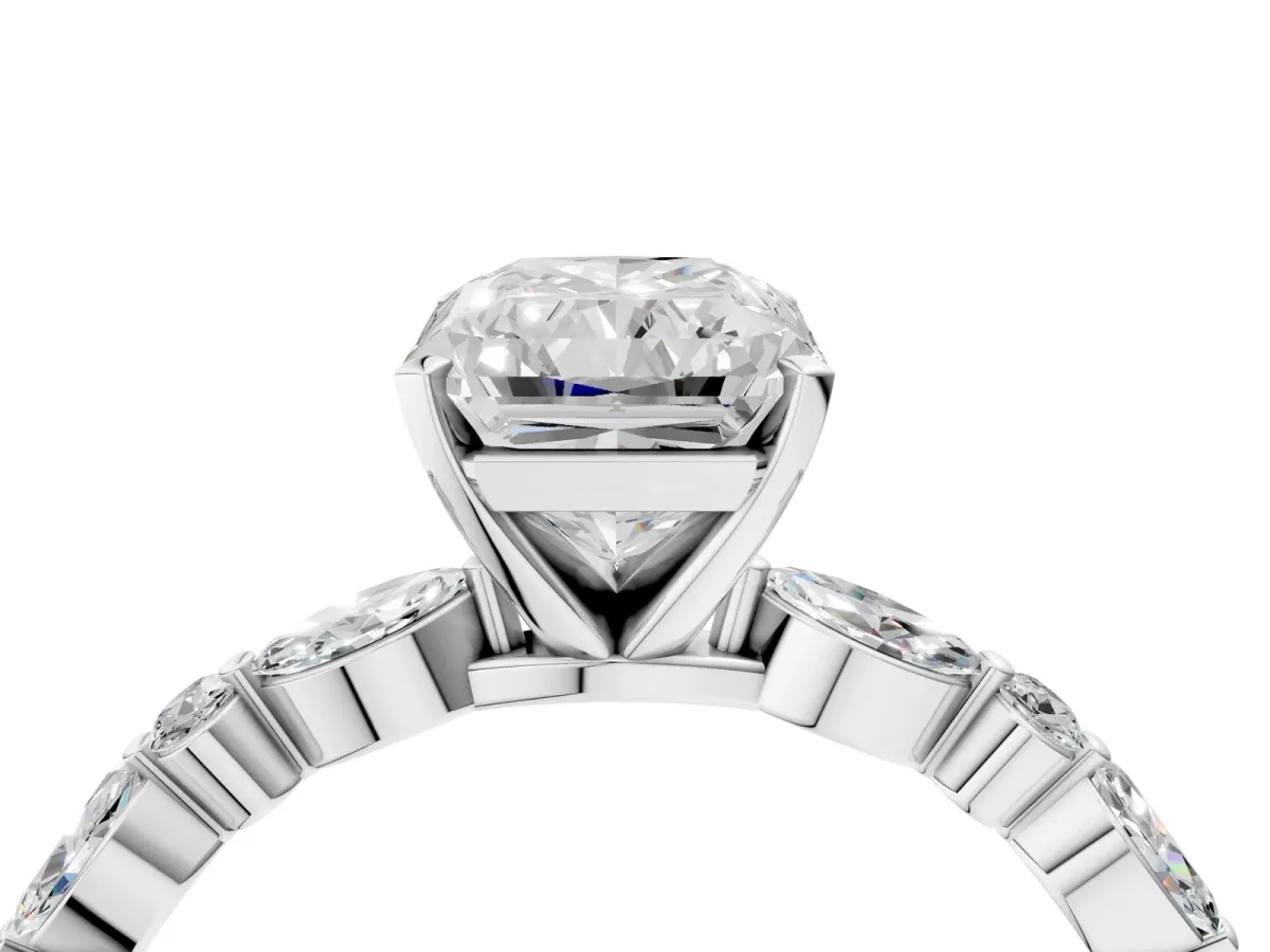 Radiant Cut Diamond Ring with Marquise and Round Moissanite Side Stones and Four-Prong Setting Platinum