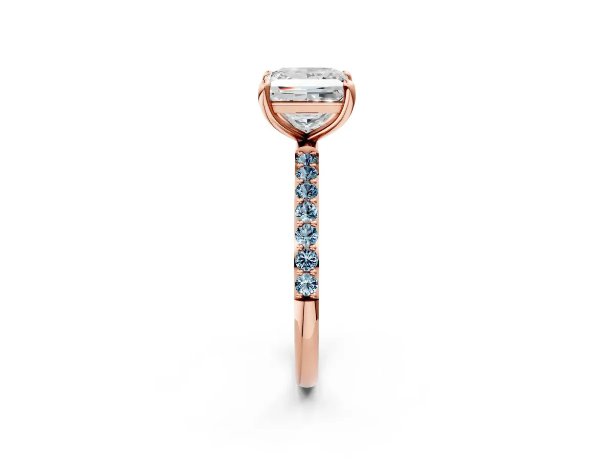 Princess Cut Diamond Solitaire Ring with Round Aquamarine Pavé Band and Prong Setting Rose gold