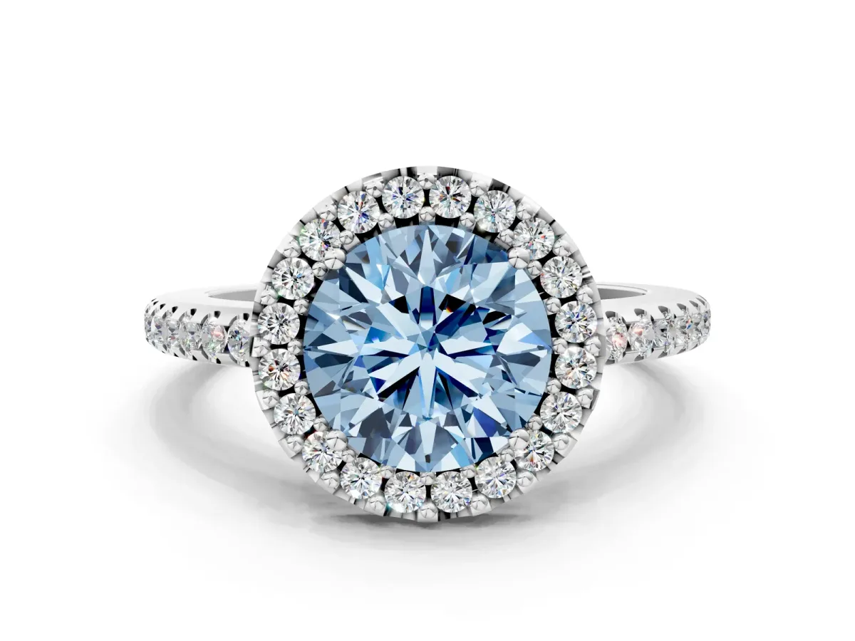 Fancy Blue Round Cut Diamond Pavé Halo Ring with Four-Prong Setting Platinum