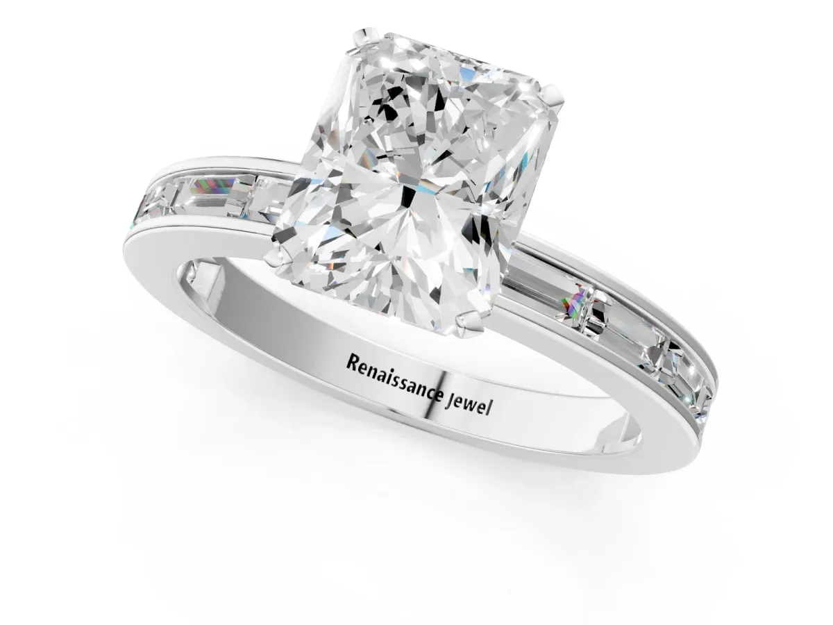 Radiant Cut Solitaire Diamond Ring with Channel-Set Baguette Band and Four-Prong Setting White gold