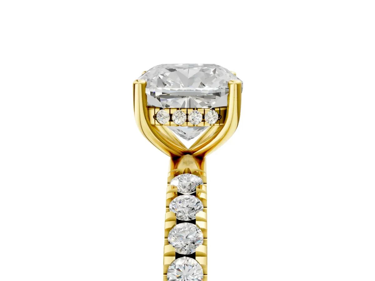 Cushion Cut Diamond Pave Band Solitaire Ring with Round Moissanite and Prong Setting Yellow gold