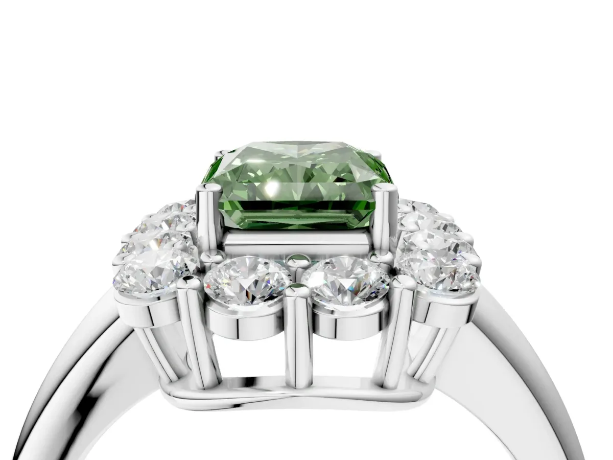 Fancy Green Radiant Cut Halo Cluster Diamond Engagement Ring with Prong Setting and Polished Band Platinum