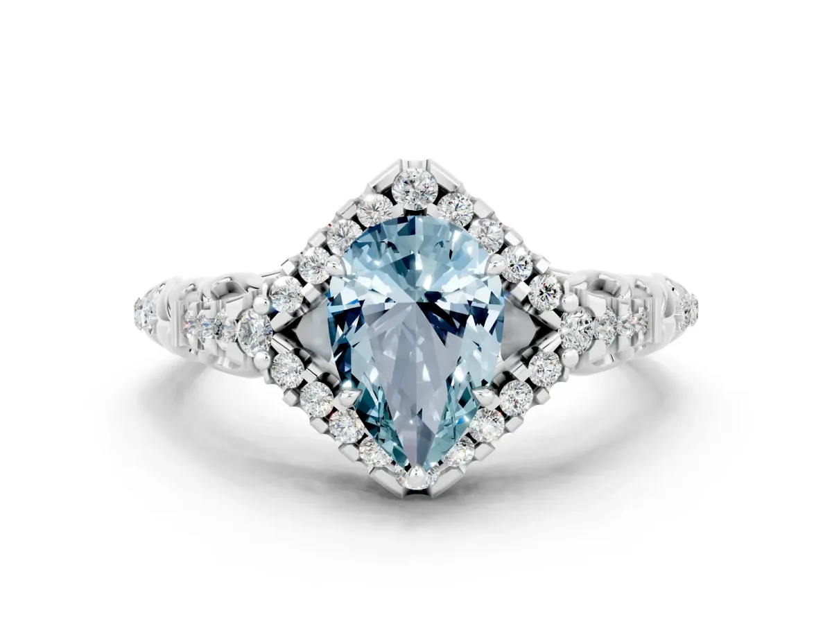 Pear Cut Aquamarine Solitaire Ring with Hidden Halo and Pavé Band White gold