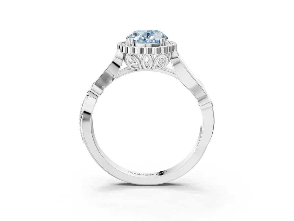 Fancy Blue Oval Cut Diamond Halo Ring with Vintage Split Shank and Four-Prong Setting Silver