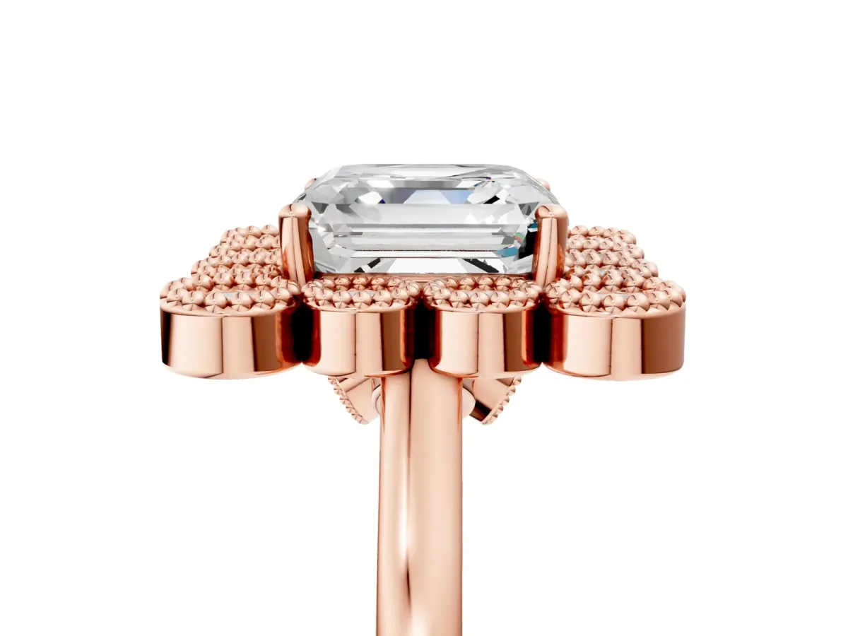 Asscher Cut Halo Diamond Cluster Engagement Ring with Milgrain Bezel Setting and Solitaire Band Rose gold