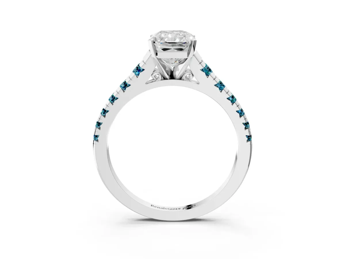 Radiant Cut Diamond Cathedral Solitaire Ring with Round Blue Topaz Pavé Band White gold