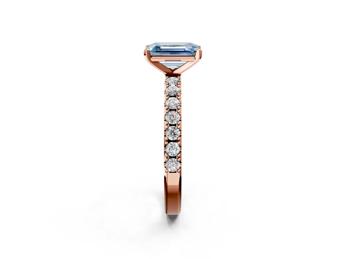 Fancy Blue Emerald Cut Diamond Solitaire Pavé Band with Four-Prong Setting Rose gold