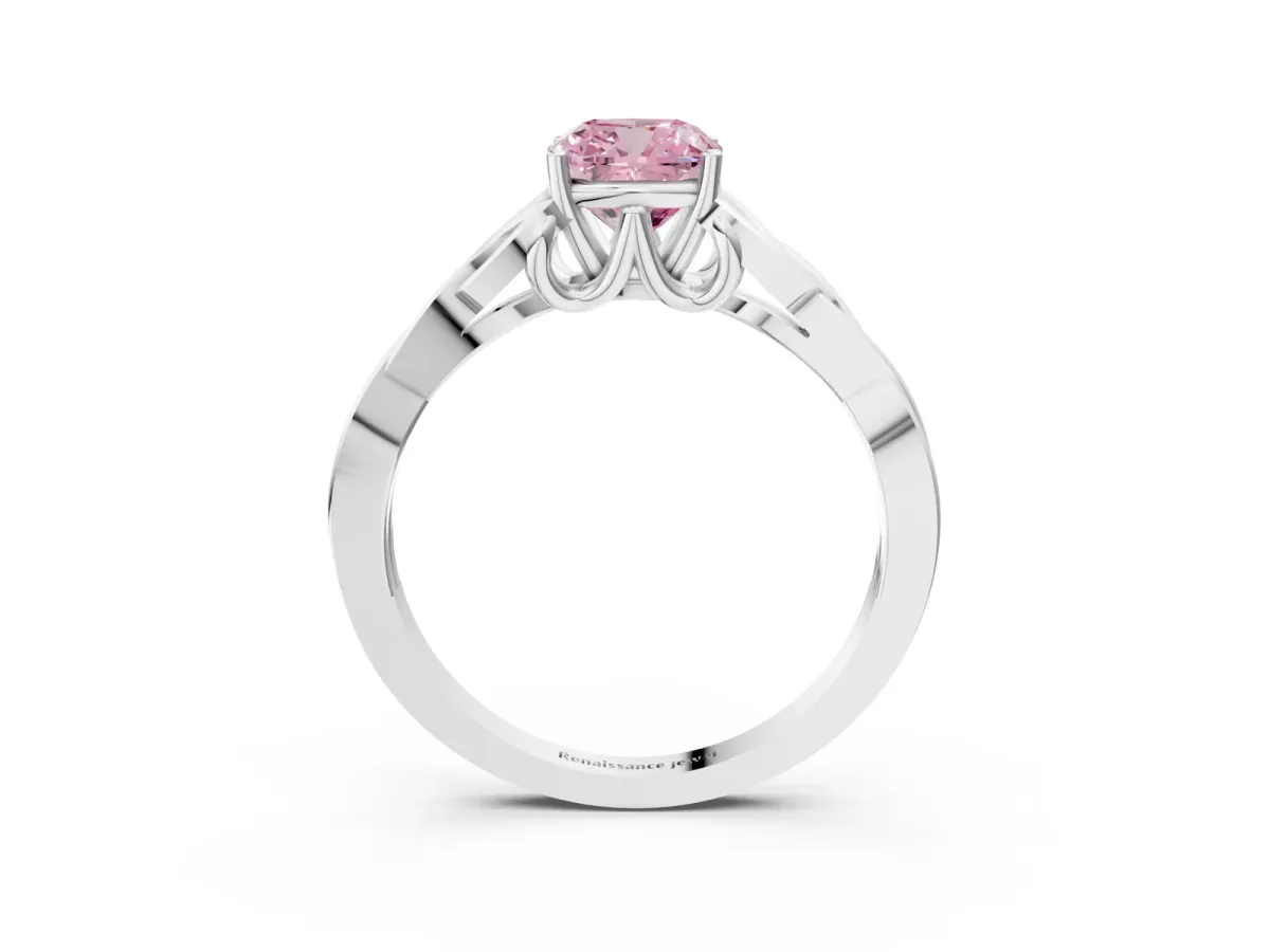 Fancy Pink Cushion Cut Diamond Solitaire Engagement Ring with Celtic Knot Band and Four-Prong Setting White gold